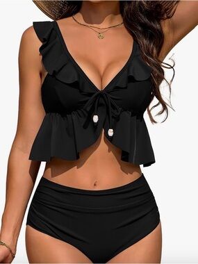 Black Ruffle Peplum Bikini Swim Top NWT XL Tie Back